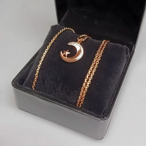 Кулон в виде полумесяца и звезды на золотой цепочке в украшенной коробке.